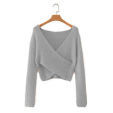 Women Sweater Knitwear Retro Cross V-neck Sweater Long Sleeve Sweater