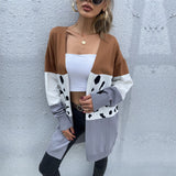 Women Knitted Sweater Fall Long Leopard Splicing Cardigan Knitted Sweater Coat