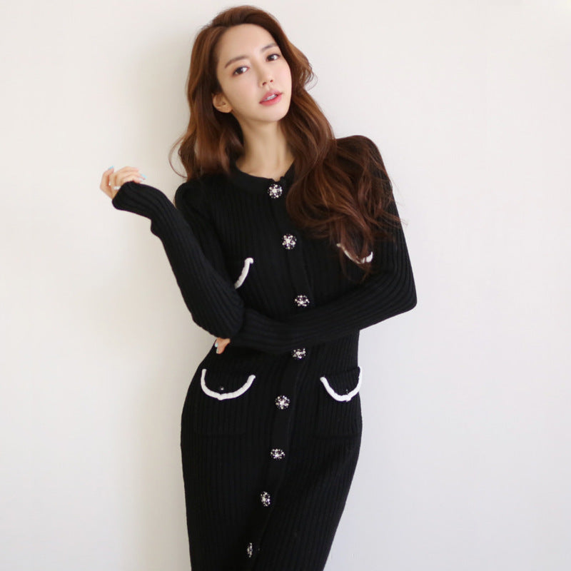 Women Maxi Dress Autumn and Winter Cardigan Long Knitted Dress Woolen Skirt