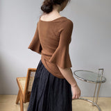 Women Knitted T-shirt Bell Sleeve Solid Color T-shirt Summer round Neck Top