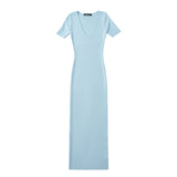 Women Dresses Summer New U Collar Half Sleeve Slit Knitted Dress (Xds0414)