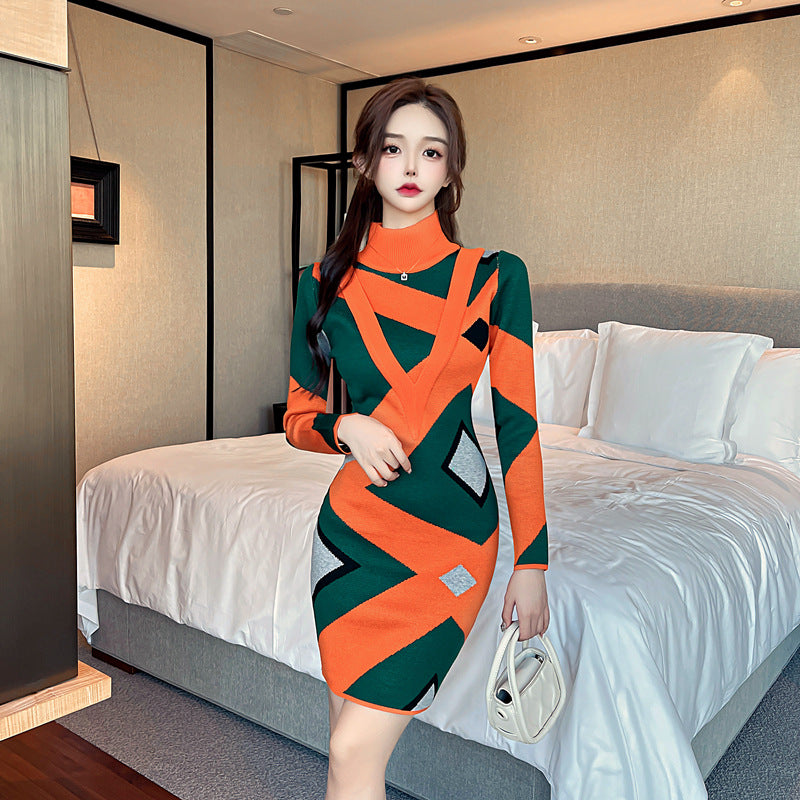 Women Maxi Dress Autumn and Winter Turtleneck Knitted Dress