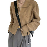 Women Knitted Cardigan Retro Plaid Double Zipper Lapel Knitted Cardigan Sweater Coat