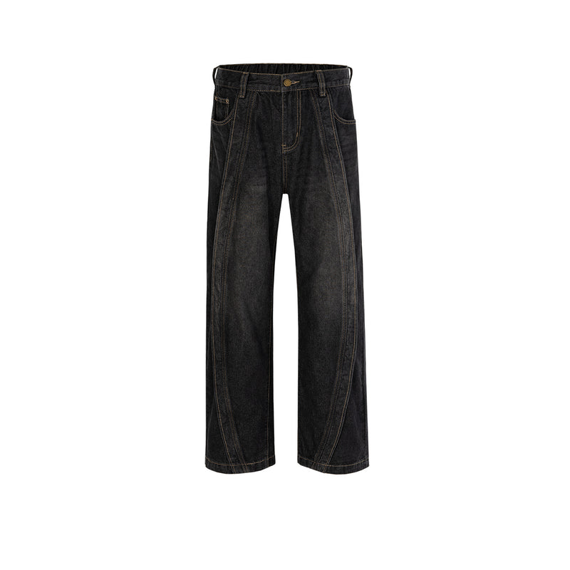 MIJKO Men's Vintage Pants MIJKO Splicing Pants Men's and Women's Waist Straight Jeans