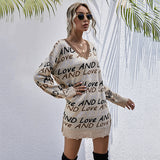 Women Knitted Sweater Fall V-neck Long Sleeve Letter off-Shoulder Knitted Sweater Dress