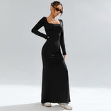 Women Dress Black Knitted Long Sleeve Narrow Long Dress with Square Collar