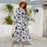 Women Date Dress Autumn Winter Sexy Long Sleeve V-neck Lantern Sleeve Backless Floral Long Tie Dress