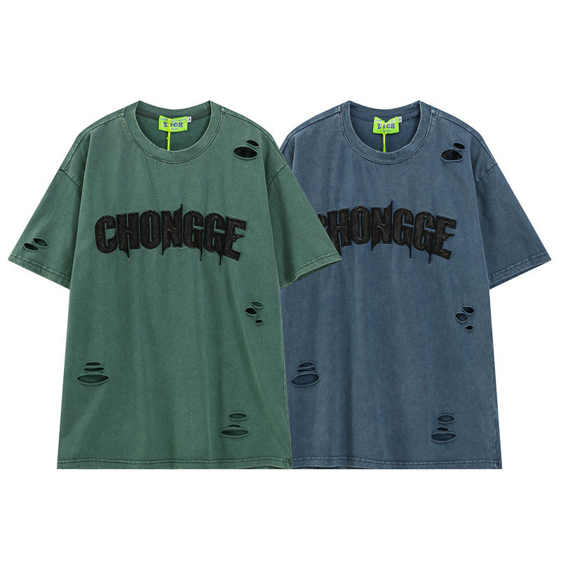 Men T Shirt Washed and Worn Ripped Letter Print Affixed Cloth Embroidered Couple Short Sleeve T-shirt