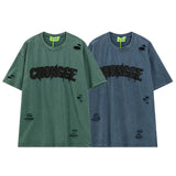 Men T Shirt Washed and Worn Ripped Letter Print Affixed Cloth Embroidered Couple Short Sleeve T-shirt