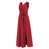 Women Date Dress Sexy Sleeveless V-neck Slit Slim Fit Long Dress