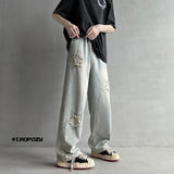 Men Jeans Five-Pointed Star Summer Washed-out Vintage Wide Leg Denim Trousers