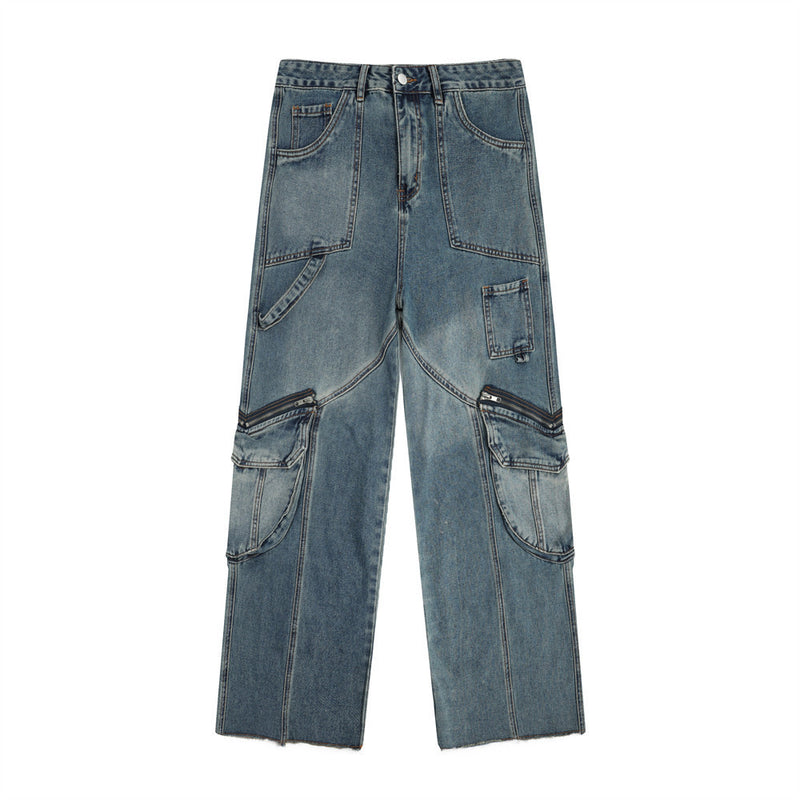 Women Pants Multi-Pocket Jeans Loose Cargo Straight-Leg Pants