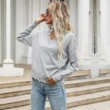 Women Knitted Sweater Autumn Loose Gray Long Sleeves Lace Sweater