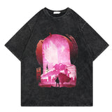 Washed retro T-shirt street print graphic casual cotton summer short sleeves