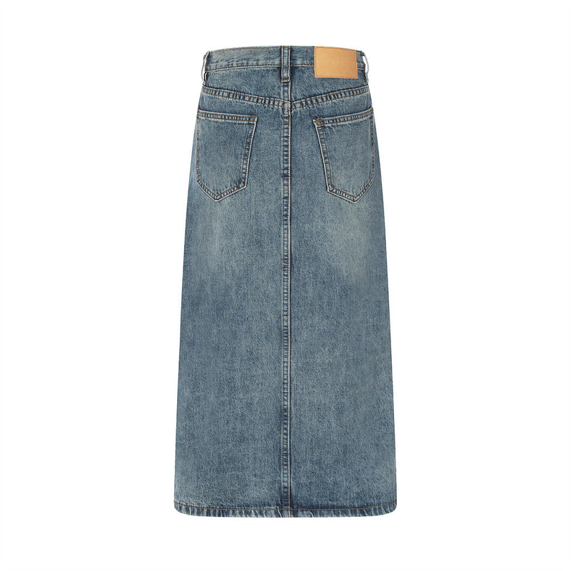 Women Long Skirt Front Slit Denim Skirt Loose Washed-out Midi Skirt