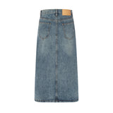 Women Long Skirt Front Slit Denim Skirt Loose Washed-out Midi Skirt