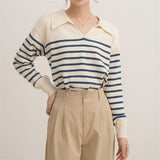 Women Knitwear Autumn and Winter Polo Collar Striped Sweater Sweater