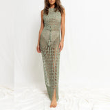 Women Knit Beach Cover Summer Hollow out Tied Tassel Beach Maxi Dress
