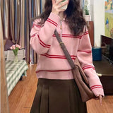 Women Knitted Pullover Vintage Stripe Lapel Pullover Autumn and Winter Loose Top
