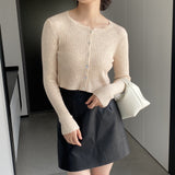 Women Cardigan Sweater Autumn Top round Neck Cropped Cardigan Sweater Button Long Sleeve Knitted Coat 8t7329