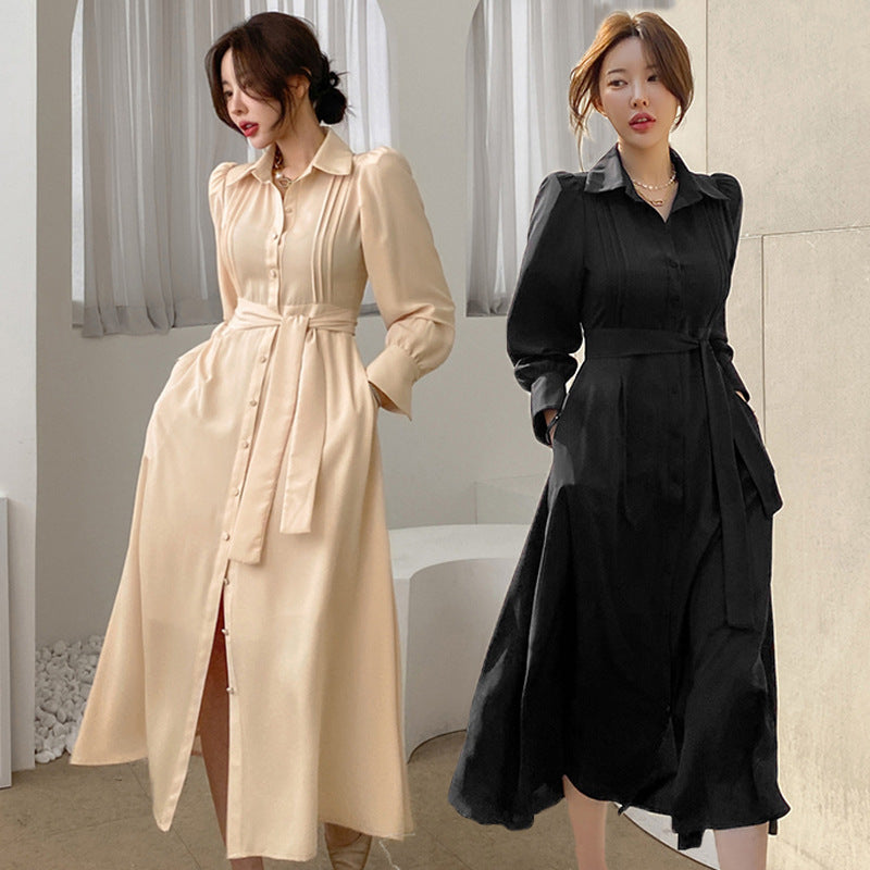 Women Maxi Dress Spring and Autumn Polo Collar Puff Sleeve Slim Fit Dress