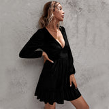 Women Dress Green Deep V-neck Puff Sleeve Velvet Dress