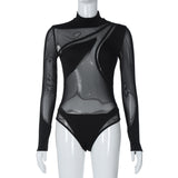 Women Jumpsuit Winter Sexy Mesh See-through Slim-Fit Long-Sleeved Jumpsuit (Hawthaw0412)