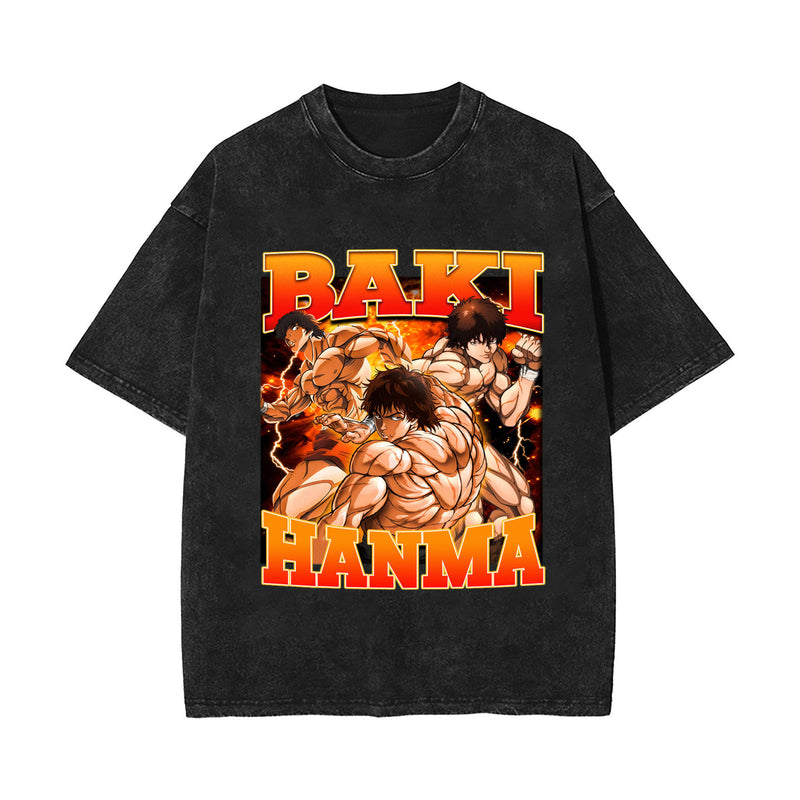 Washed Retro Cotton T-Shirt Baki Hanma Washed Old Short Sleeves