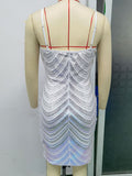 Women Evening Gown Sexy Sling Retro Patchwork Green Sequins Dress