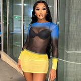 Women Dresses Summer Sexy Mesh round-Neck Long-Sleeved Dress