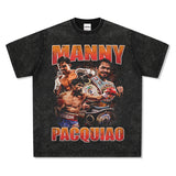 Mens Vintage Boxer T-Shirt Manny Pacquiao Pac Men Printed Short Sleeve T-Shirt Washed Top