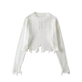 Women Sweater Knitwear round Neck Ripped Fringed Burr Loose Long Sleeve Short Sweater