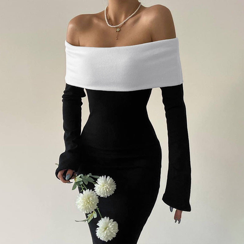 Women Dresse Slim Fit Dress off-the-Shoulder Long Sleeve Dress Sheath Dress