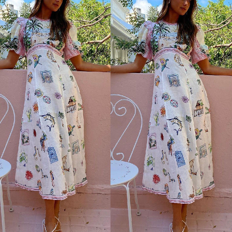 Women Dresses Summer Casual Printed Cotton Linen round-Neck Short Sleeve Dress (Jrm0409)