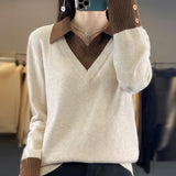 Women Knitted Pullover Sweater Women's Long Sleeve Polo Collar Sweater