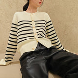 Women Knitted Cardigan Striped Knitted Cardigan Coat Autumn and Winter Retro Long-Sleeved Top