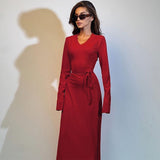 Women Dresses Winter V-neck Slim-Fit Long Sleeve Dress