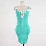 Women Dresses Summer Green Square Collar V-neck Sleeveless Vest Skirt Skirt