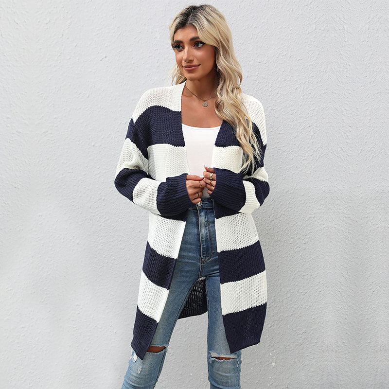 Women Knitted Sweater Autumn and Winter Long Sleeve Striped Cardigan Sweater Coat