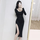 Women Dresses U Collar Gray, Long Sleeve Dress