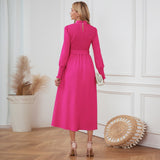 Women Date Dress Stand Collar Long Sleeve Skirt