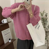 Women Knitted Cardigan round Neck Solid Color Knitted Button Cardigan Loose Casual Sweater Coat