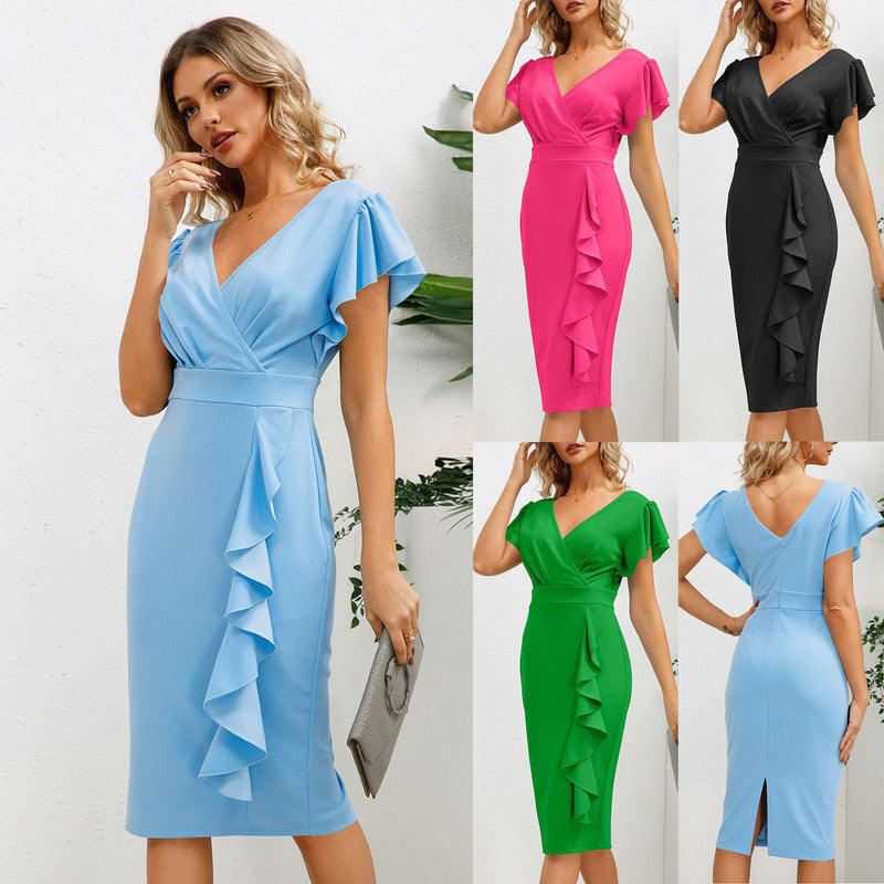 Women Date Dress round Neck Pleated Lace Dress