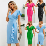Women Date Dress round Neck Pleated Lace Dress