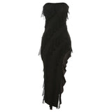 Women Dresses Summer Sexy Backless Slit Tassel Dress (Bla0420)