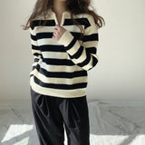 Women Winter Knitted Sweater Autumn and Winter Striped Sweater Lapel Sweater Casual Polo Collar 8t6723