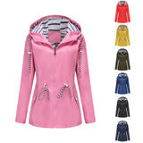 Women's Trench Coat Long-Sleeved Waterproof Mid-Length Trench Coat Women's Hooded Striped Raincoat