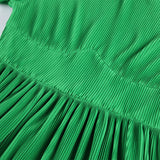 Women Dress Spring Green Pleated Dress round Neck Dress