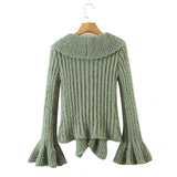 Women Sweater Knit Wear Large Wave Lapel Knitted Cardigan Ruffled Flared Sleeve Sweater