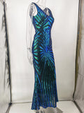 Women Evening Gown Sexy V-neck Vintage Party Sequins Dress
